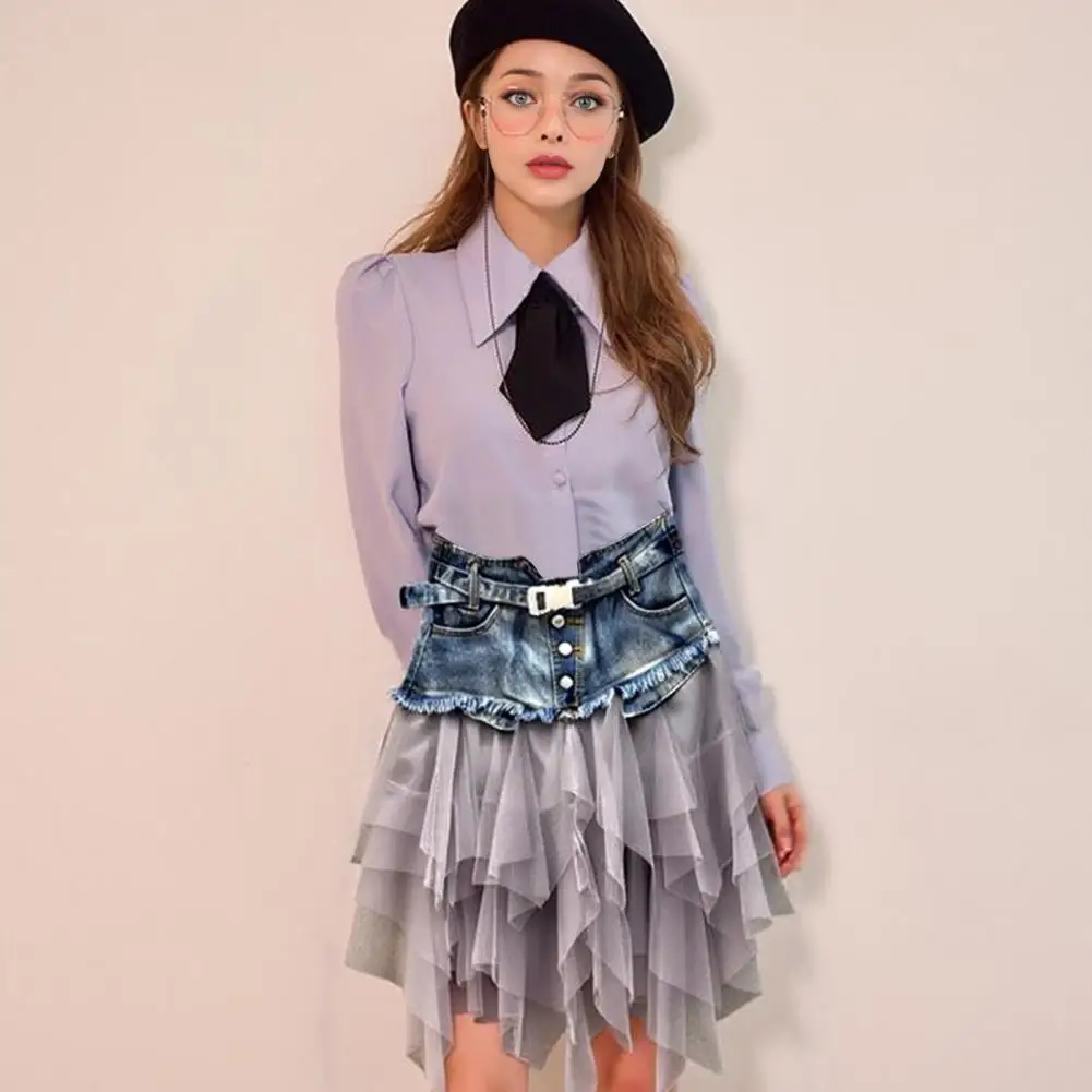 Women A-line Skirt Stylish High Waist Denim Mesh Yarn A-line Skirt for Women Irregular Hem Versatile Work Leisure Wear Wardrobe