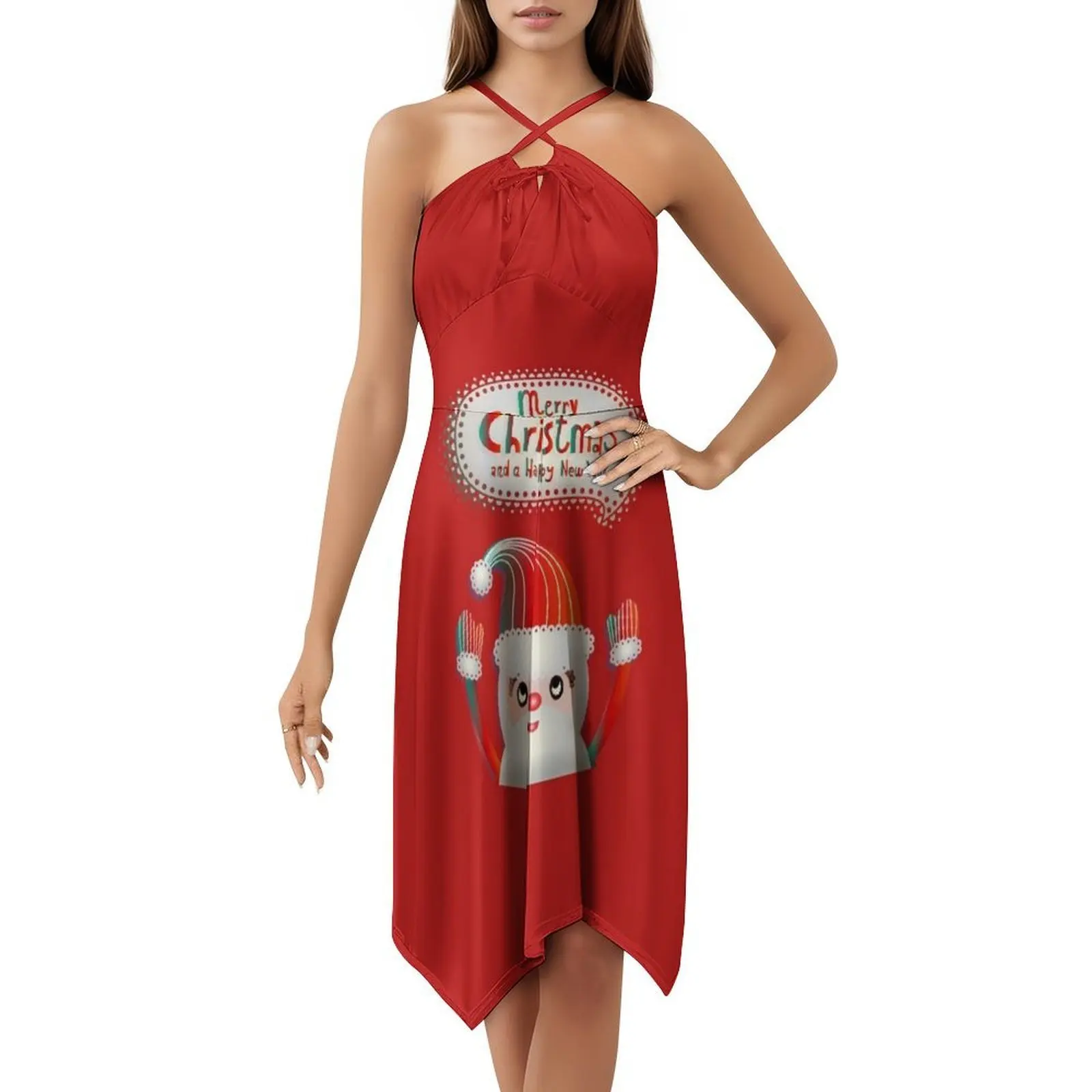 سانتا عيد ميلاد سعيد ورأس السنة الجديدة السعيدة فستان حفلة أنيق للنساء فستان على شكل حرف a مع خيارات قصيرة/طويلة/بدون أكمام سانتا #5
