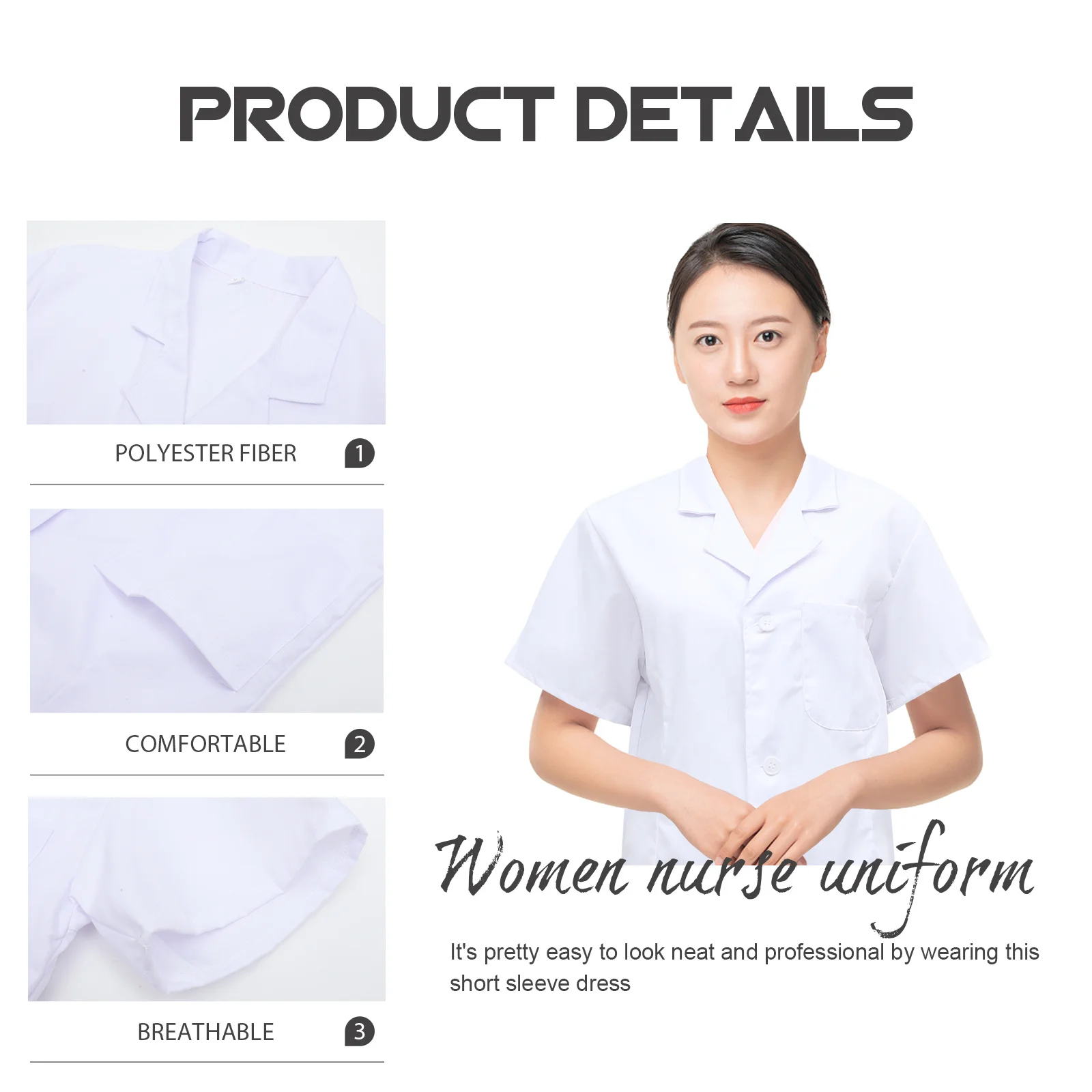 Uniforme de enfermera de manga corta para mujer, vestido médico blanco duradero de poliéster de primera calidad, ropa de enfermería profesional limpia para belleza