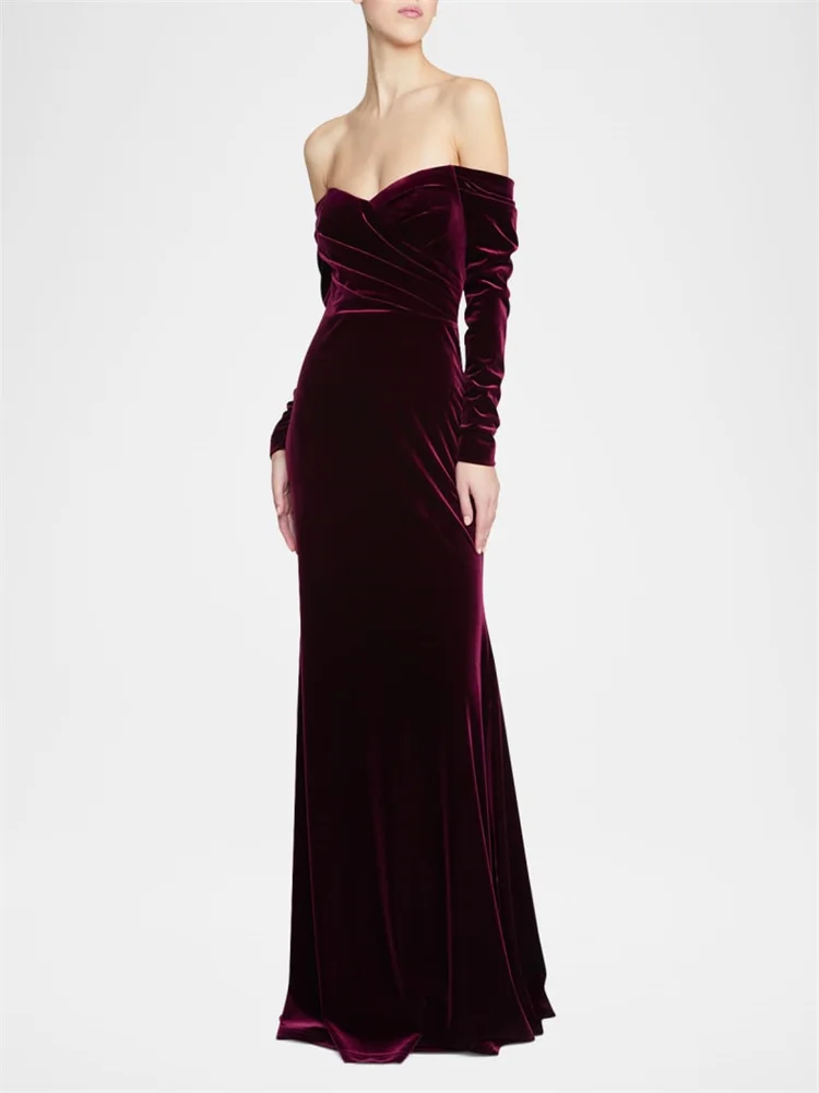 Customized Off Shoulder Neckline Long Sleeves A-Line Velvet Evening Dress Elegant Open Back Zipper Floor Length Gown For Women