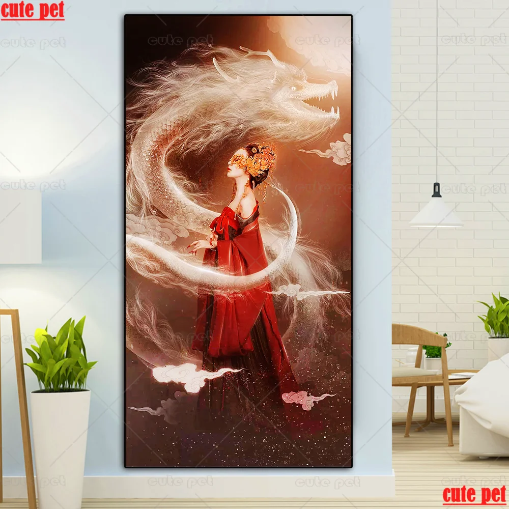 Full Square Drill White dragon and mask woman 5D DIY Diamond Painting Embroidery Cross Stitch 5D Decor rhinestone pictures large