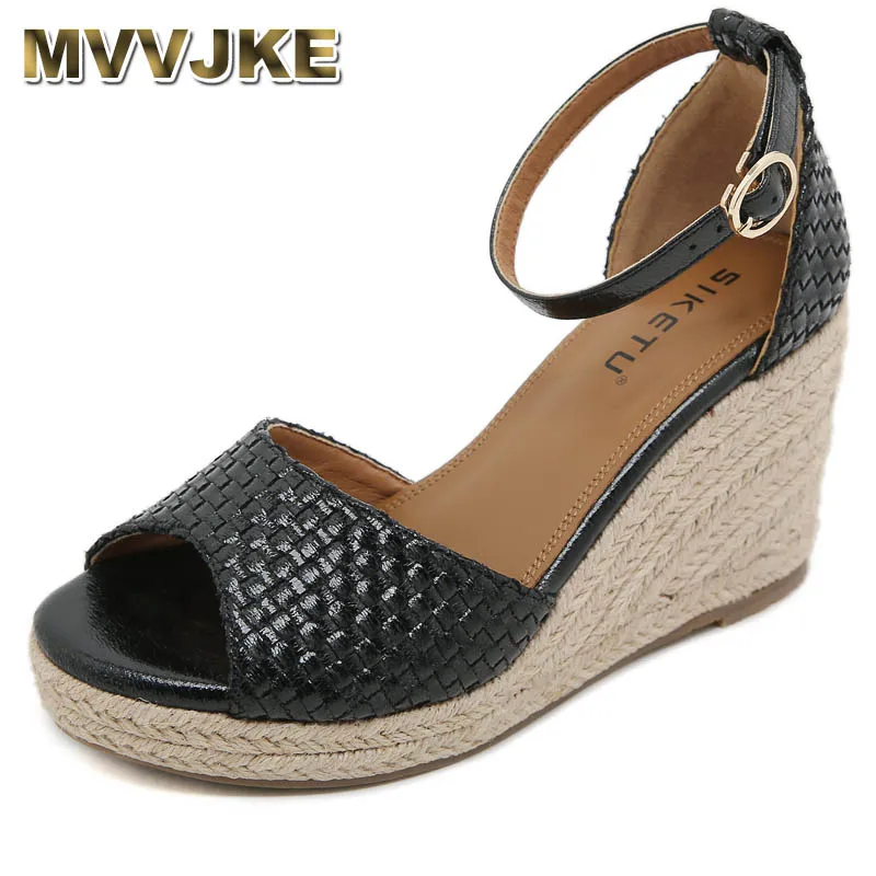 

Women's Fashion Large Size Slope Heels Knitted Beach Shoes Ankle Strap Wedge Sandals for Women Super High Heels Sandals