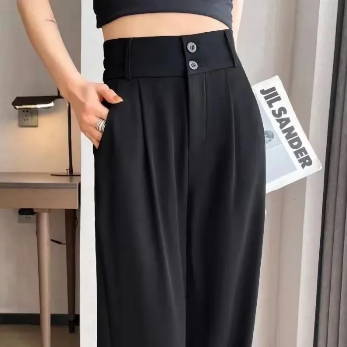 Elegante Weite Hosen für Damen im Koreanischen Stil mit Hoher Taille, Schwarze Baggy-Hosen, Büro-Damenmode, Lockere Anzughosen, Streetwear – Detail 11