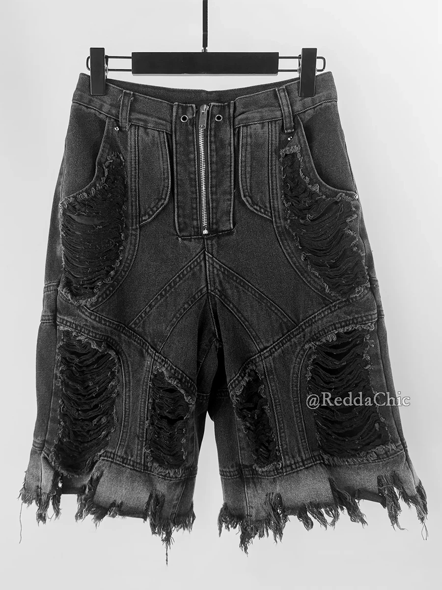 REDDACHiC Pantaloncini di jeans cargo patchwork sfilacciati da donna Bordo grezzo Cerniera Pantaloni bermuda a gamba larga distrutti Grunge Harajuku Streetwear
