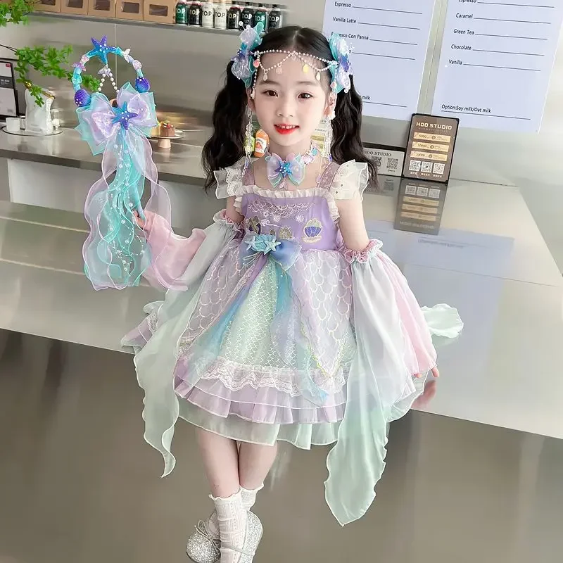 Girl Birthday Tulle Backless Lolita Wedding Ball Gown Party Dress Princess Embroidery Floral Shiny Baby Children Lace Sundress