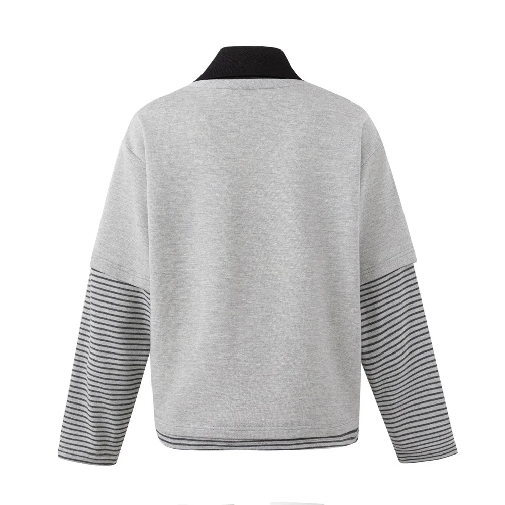 MWJLPWQ Faux Two-Piece Striped Patchwork Long-Sleeve Polo T-Shirt American Loose-Fit Men's Letter Print Loose Casual Tops 21545