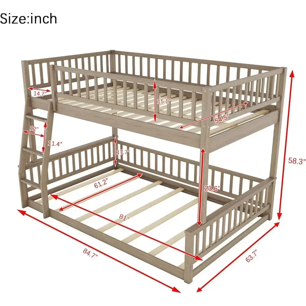 Brown Wooden Bunk Bed for Kids, Convertible to Two Separate Beds with Trundle, Ladder, and Guardrail, Easy Assembly, Wood Slat S