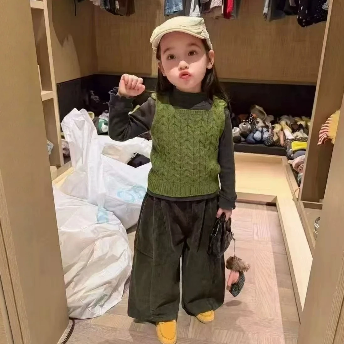 Autumn Winter Girls 3‑Piece Clothing Set Sleeveless Knit Sweater Vest +Long‑Sleeve Undershirt +Casual Pants Fashion Kids Outfit