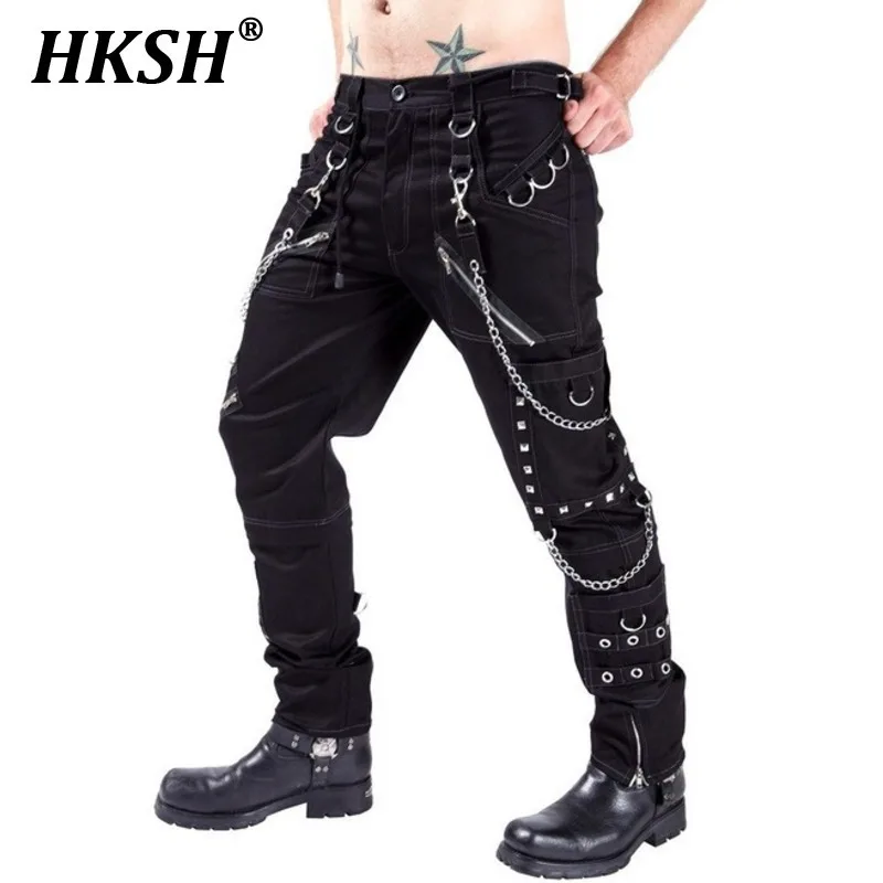 HKSH Spring New Personalized Casual Cargo Pants Men's Gothic Punk Rock Metal Chain Trousers Streetwear Fashion Dark Chic HK0996