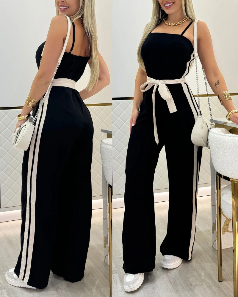 

Women's Jumpsuit Casual Fashion Overalls Contrast Paneled Striped Spaghetti Strap High Waisted Tie Details Straight Jumpsuit