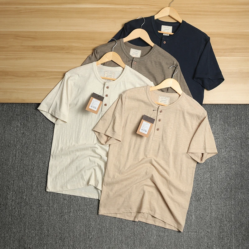 Camiseta Americana con Cuello Henley, Mezcla de Bambú, Rayón y Lino, Transpirable, Casual, de Verano, Manga Corta, para Hombre