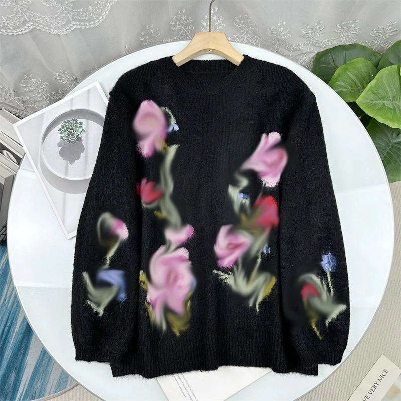

Romantic Embroidered Floral round Neck Knitted Sweater Women's Loose Fit Long Sleeve Comfortable Casual Style Autumn New Arrival