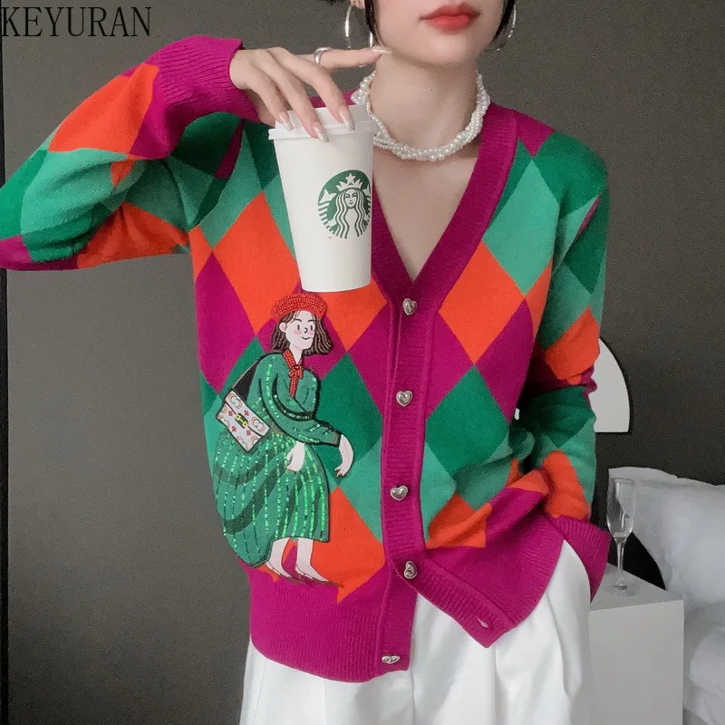 2023 Spring Autumn Argyle Sequines Knitted Sweater Pullover Women Fashion Casual O-Neck Long Sleeve Ladies Knitwear Tops Jumpers