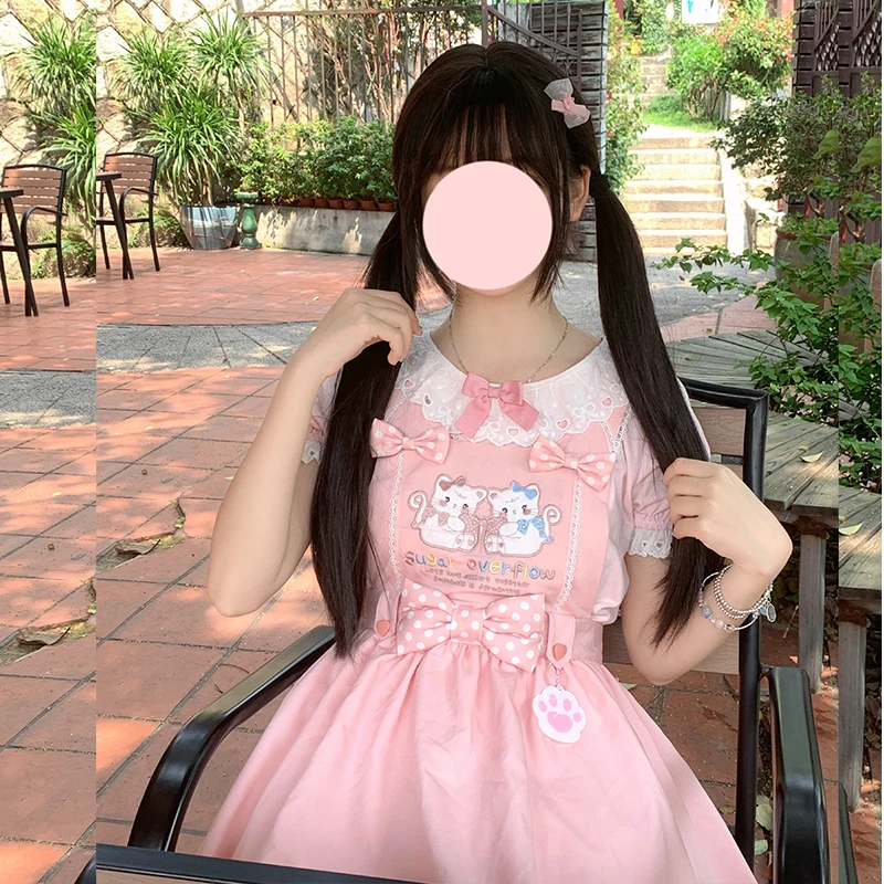 Original Kawaii Sweet Cute Daughter Dress Summer Girls Y2k Short Sleeve Cartoon Cotton T-shirt Bow Strap Dress 2 Piece Set