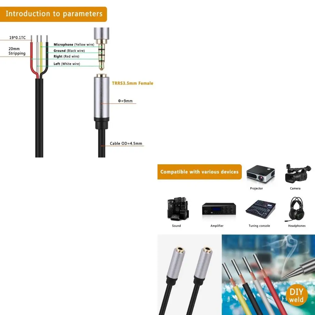  3.5mm Female Auditory Plug to TRRS Stereo Bare Wire Auditory Cable for Replacement and Repair of Auditory Devices