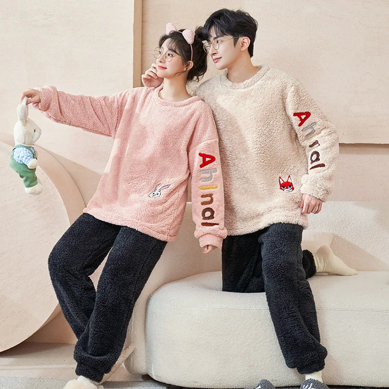 Flannelette thickened Lovers pajamas suits for men and women loose large warm coral velvet Cartoon embroidery home clothing sets