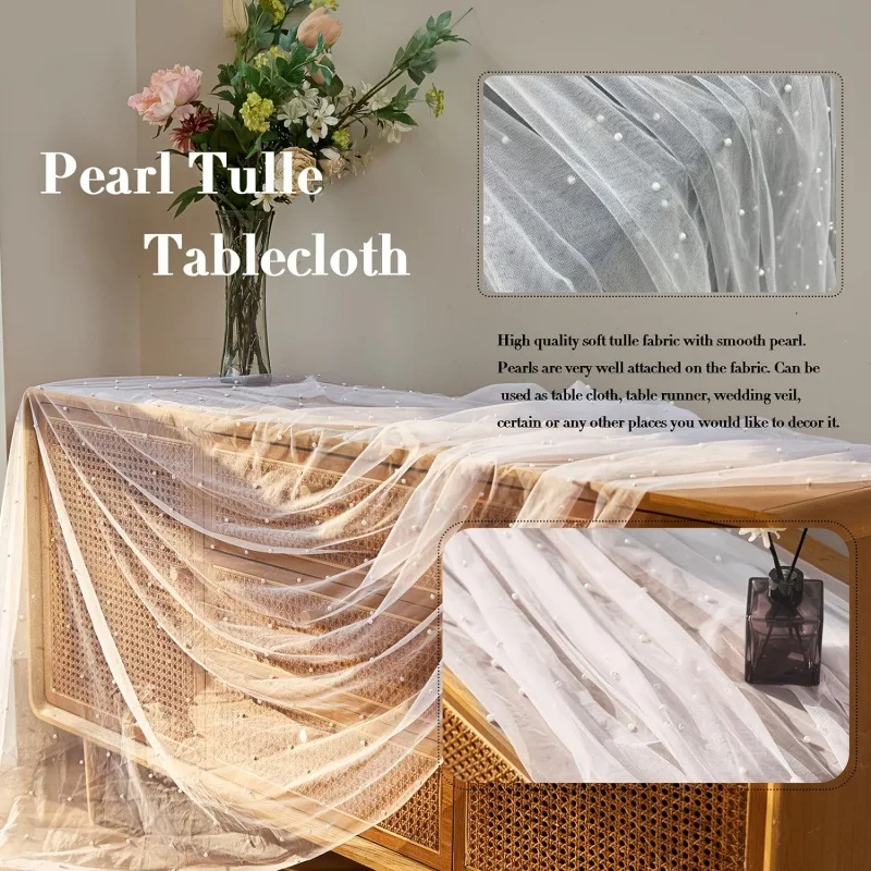 Wedding Pearl Chiffon Decorative Tablecloth Solid Color Mesh Dessert Tablecloth Lace Bridal for Wedding Birthday Party Supplies