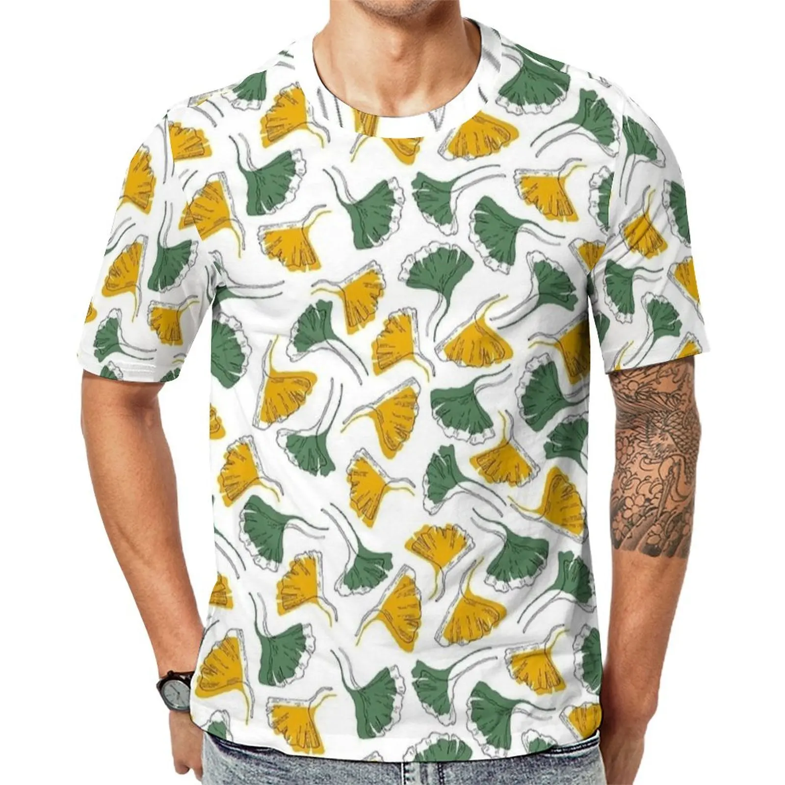 Male Retro Ginkgo Two-Tone Leaf T-Shirt Hip Hop T-Shirts Short Sleeve Custom Tshirt Hot Sale Premium Streetwear Oversize Clothes