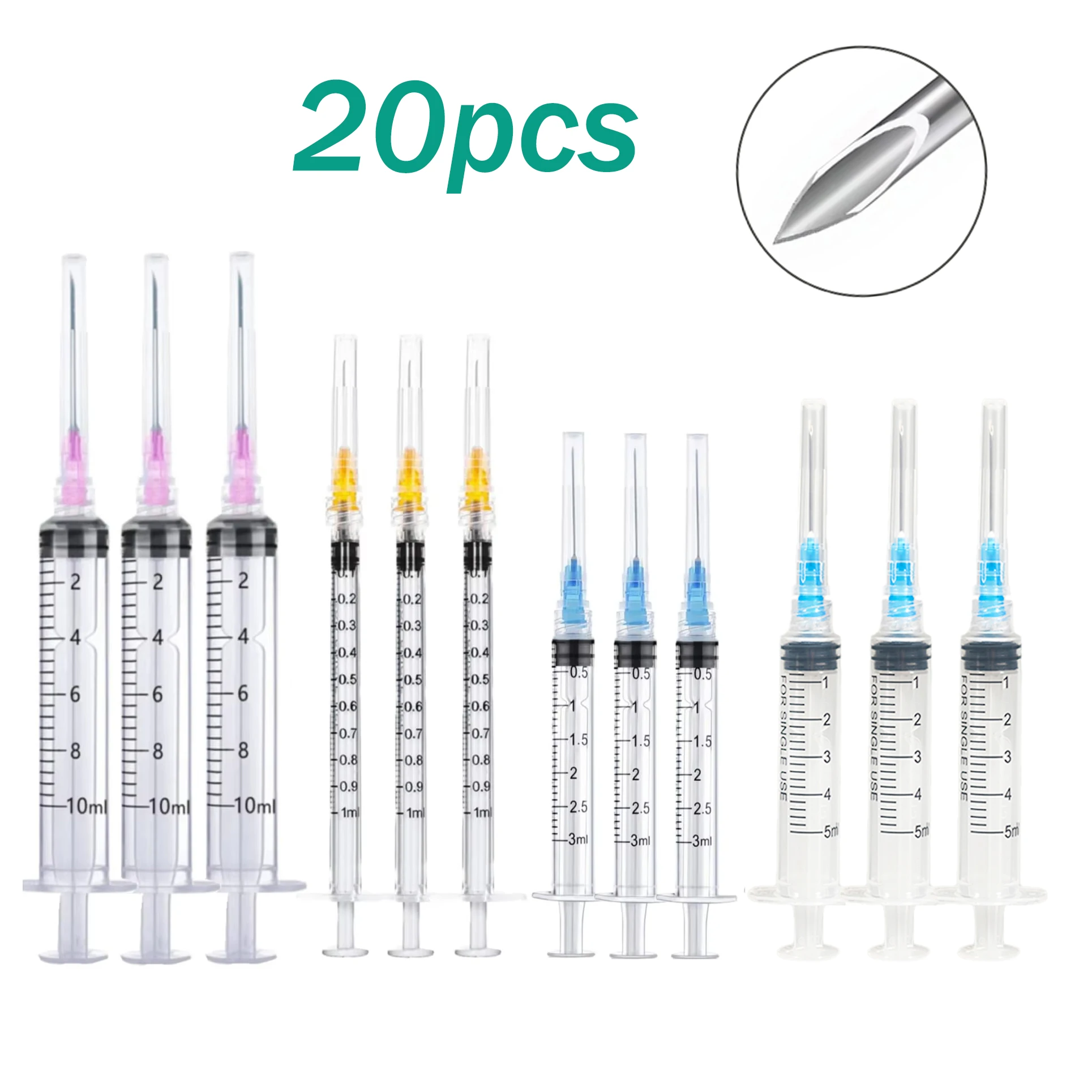 1ml+3ml+5ml+10ml Sterile Disposable Luer Lock Syringe Set With Needle for Lab, Liquid Dispensing and Pet Injection, 20pcs/set