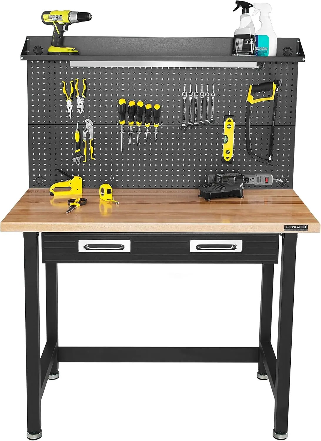 Commerciële Verlichte Workcenter W/Pegboard, 500 Lbs. Gewicht Capaciteit Voor Garage, Magazijn, Werkplaats, Massief Houten Top, Grafiet