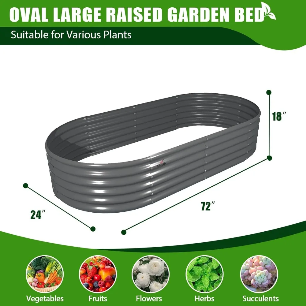 2 peças 6x2x1.5 pés oval redondo galvanizado camas de jardim elevadas ao ar livre para plantio de legumes flores ervas, quartzo cinza