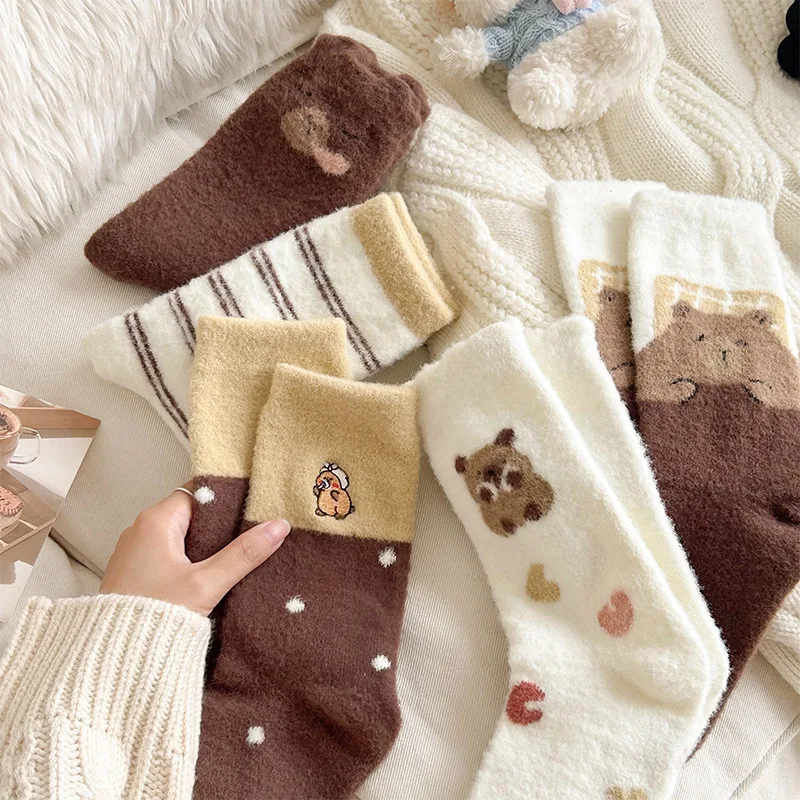 

Cute Animal Pattern Fluffy Socks for Women, Warm Fuzzy Cozy Socks, Cartoon Bear Guinea Pig Design Winter Socks, Fashion Soft Soc