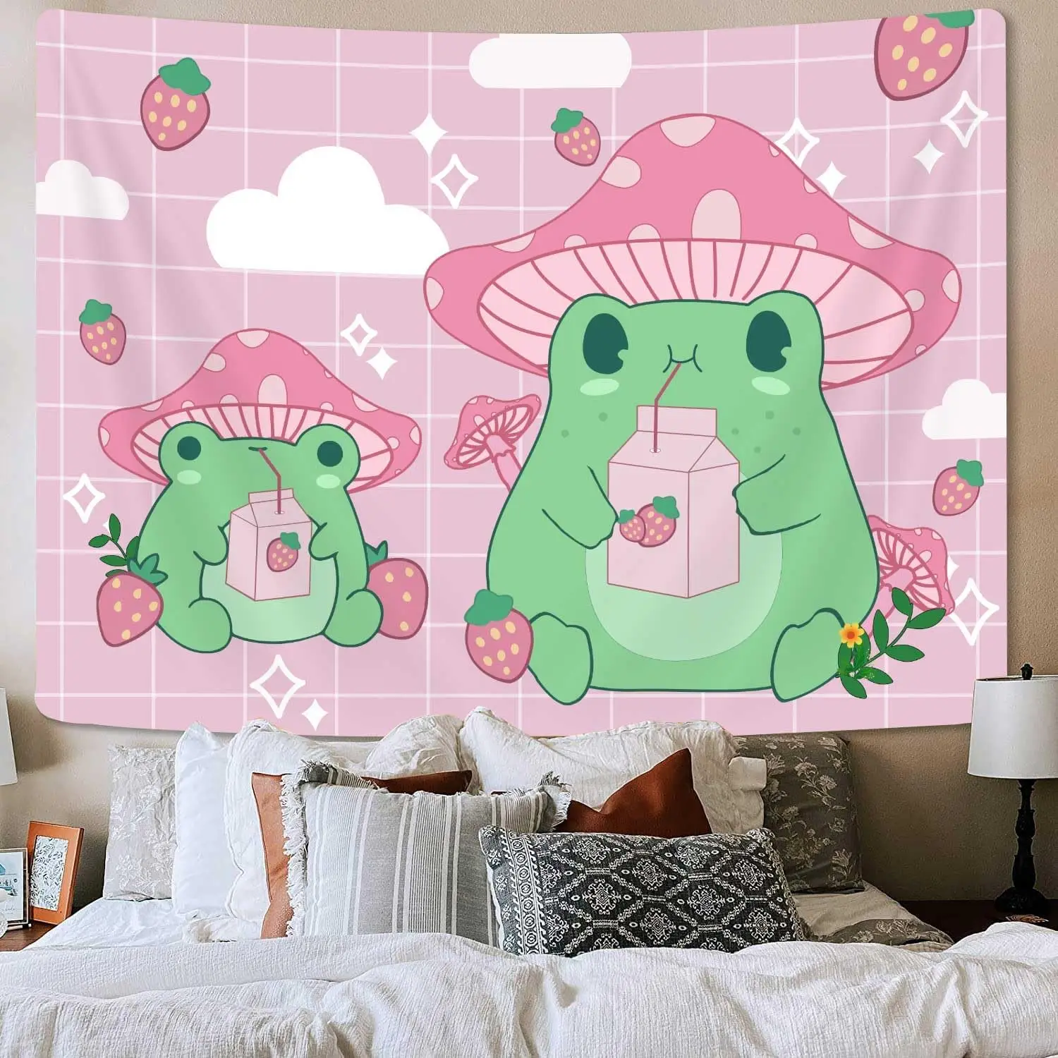 Frog Mushroom Strawberry Tapestry, pink cute room decor Aesthetic Wall Hanging Bedding Aesthetic Tapestry, Room Decor for Girls