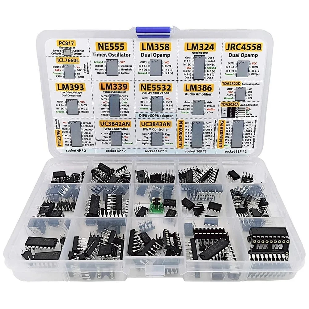 Kit surtido de chips IC de 150 Uds., oscilador Opamps PWM NE555 LM358 LM324 TDA2030 UC3842 ULN2003 con enchufes y adaptador