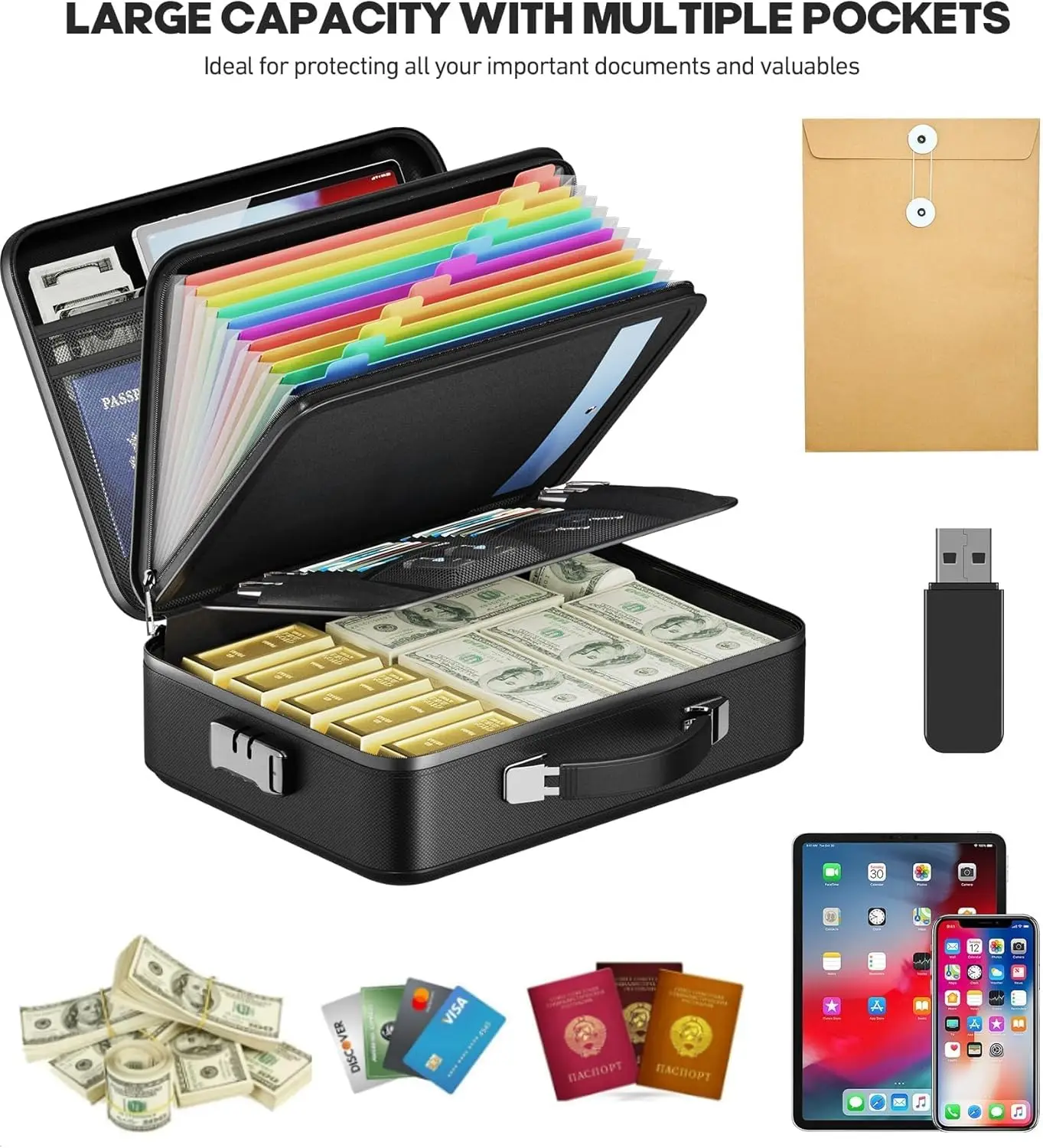 صندوق مستندات مقاوم للماء مقاوم للحريق مع قفل، حافظة صلبة محمولة لتخزين الملفات المهمة والأشياء الثمينة (15 × 11 × 5 بوصة) #6