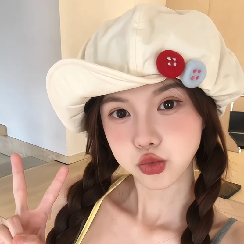 Korean New Oversized Cloud Berets for Women Spring and Summer Travel Sunscreen Versatile Button Design Flipped Brim Newsboy Hats