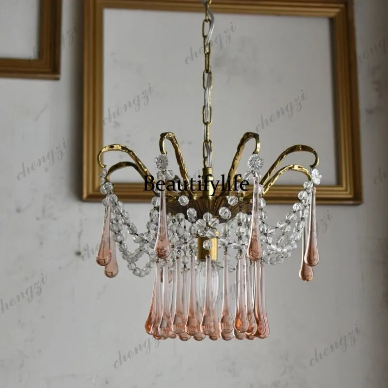 French retro, pink water drop glass lamp, all copper restaurant study tea room cloakroom crystal chandelier