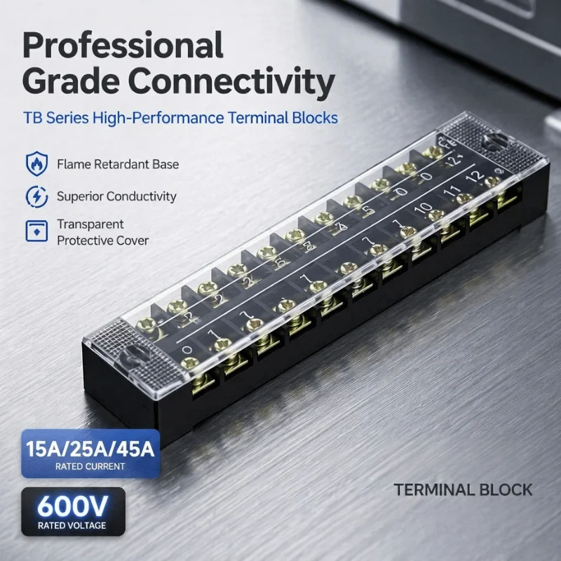 DIN Rail Screw Terminal Block Barrier Strip TB1503 TB2503 TB4512 15/25/45A Electrical Wire Connector with Flame Retardant Cover