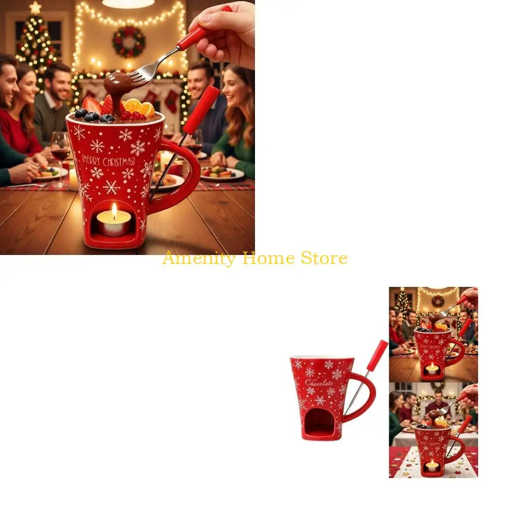 F26C Red Dessert Sauce Cup for Chocolate Dip and Sweet Sauces with Side Handle, Lower Warming Opening, and Winter Pattern for