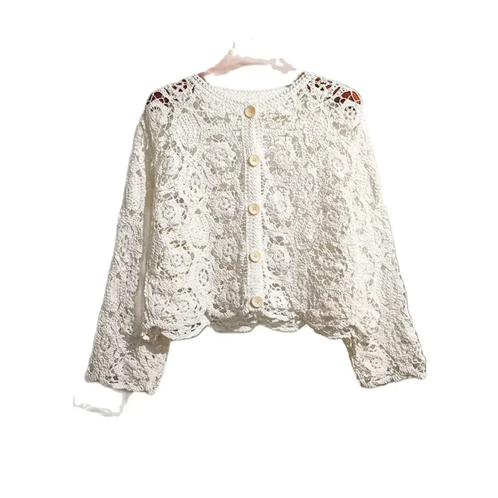 Lace Small Shawl Cotton Cardigan female 2024 spring and summer o neck long sleeve solid casual Versatile Hollow Cardigan Female