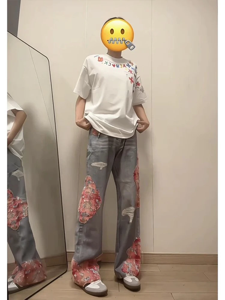 

Мужские джинсы YouLin с лоскутным кружевом, прямые, с легким расклешением, в стиле High Street, модные, стильные и привлекательные