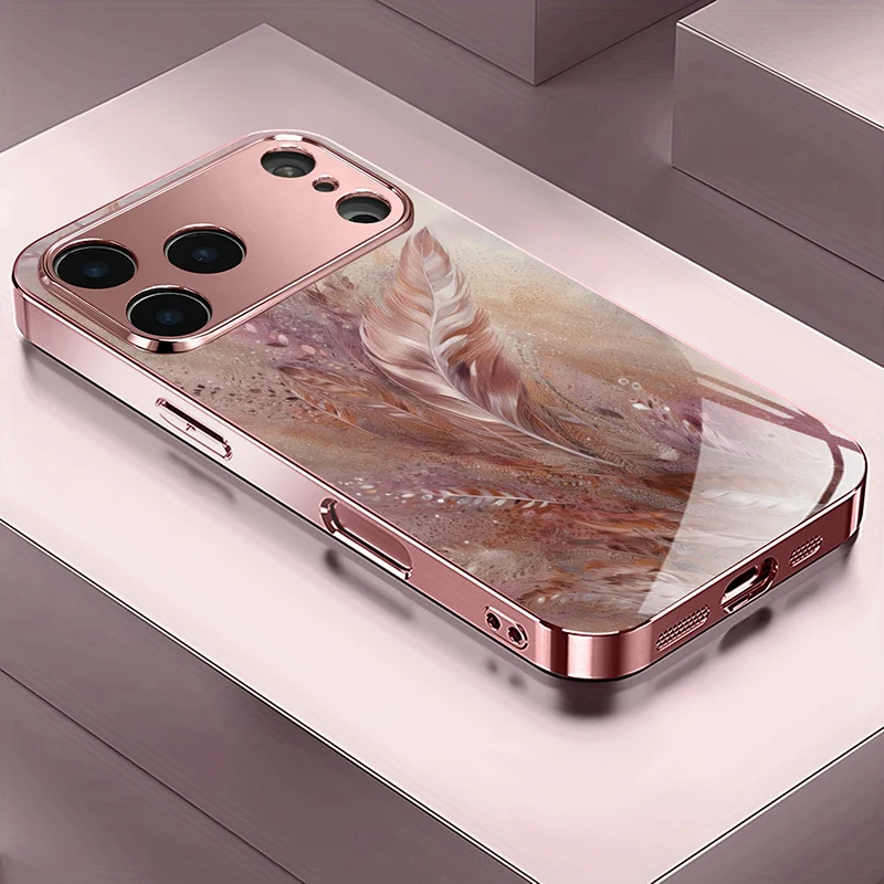 

Luxury Bouquet Pattern Pink Metallic Tempered Glass Phone Case For iPhone 11 12 13 14 15 16 17 Pro Max 15 Plus 17 Air 16E Cover