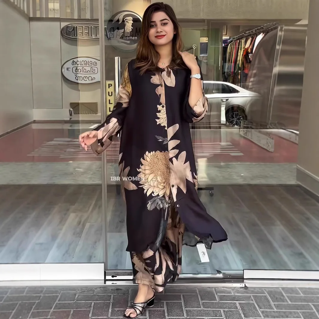 

Elegant For Women Print Long Top 2 Pieces Set Spring Floral Single Breasted Lapel Shirt Wide Leg Pant Outfits Loose Leisure Suit