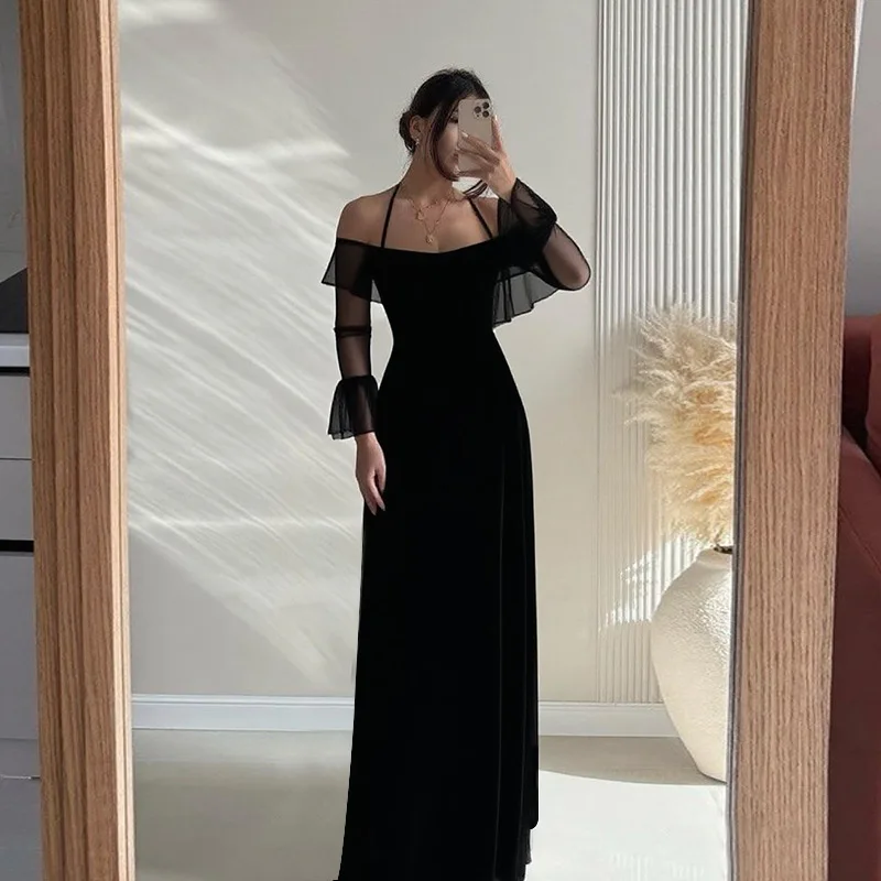 2025 New Summer Retro Elegant Black Evening Dresses Sexy Bodycon Maxi Formal Night Party Dress Women Backless Straps Prom Dress
