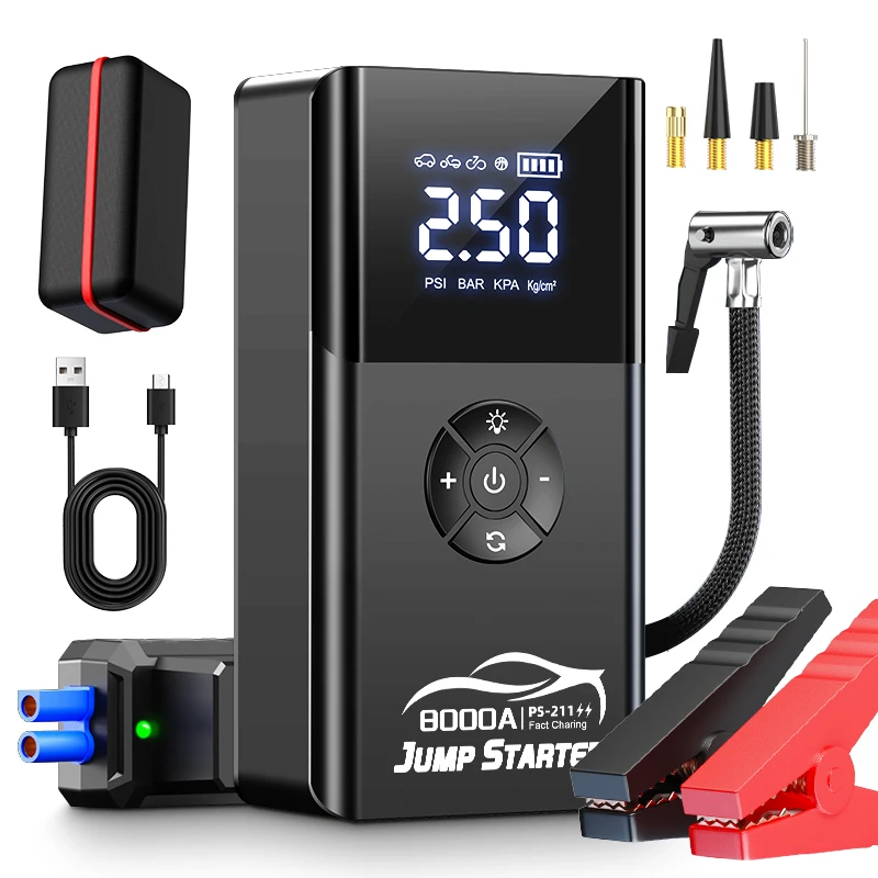 

8000amp A 180psi Powerful Car Jumper Multifunction 12v Battery Booster Super Compressor Power Bank Jump Starter With Air Pump