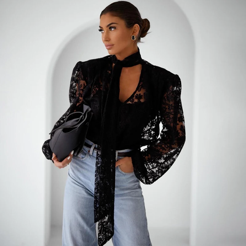 

Tornova Retro Ribbon Lace Shirt For Women Loose V neck Sexy See Through Blouses Fashion Long Sleeve Female Black Shirt 2026 New