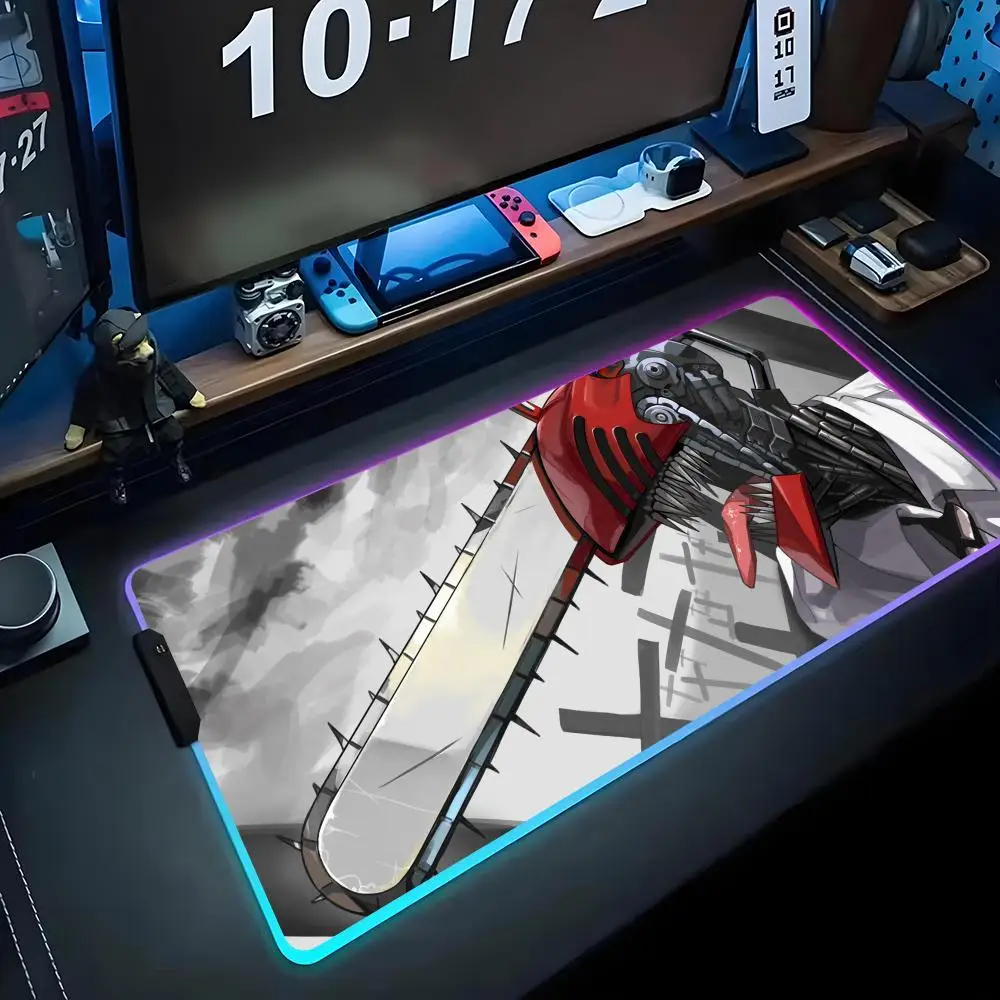 

ANime chainsaw man Mouse Pad RGB Gaming Mousepad Big LED Pad PC Desk Mat Luminous Mouse Pad Large Keyboard Mats Table Rug With