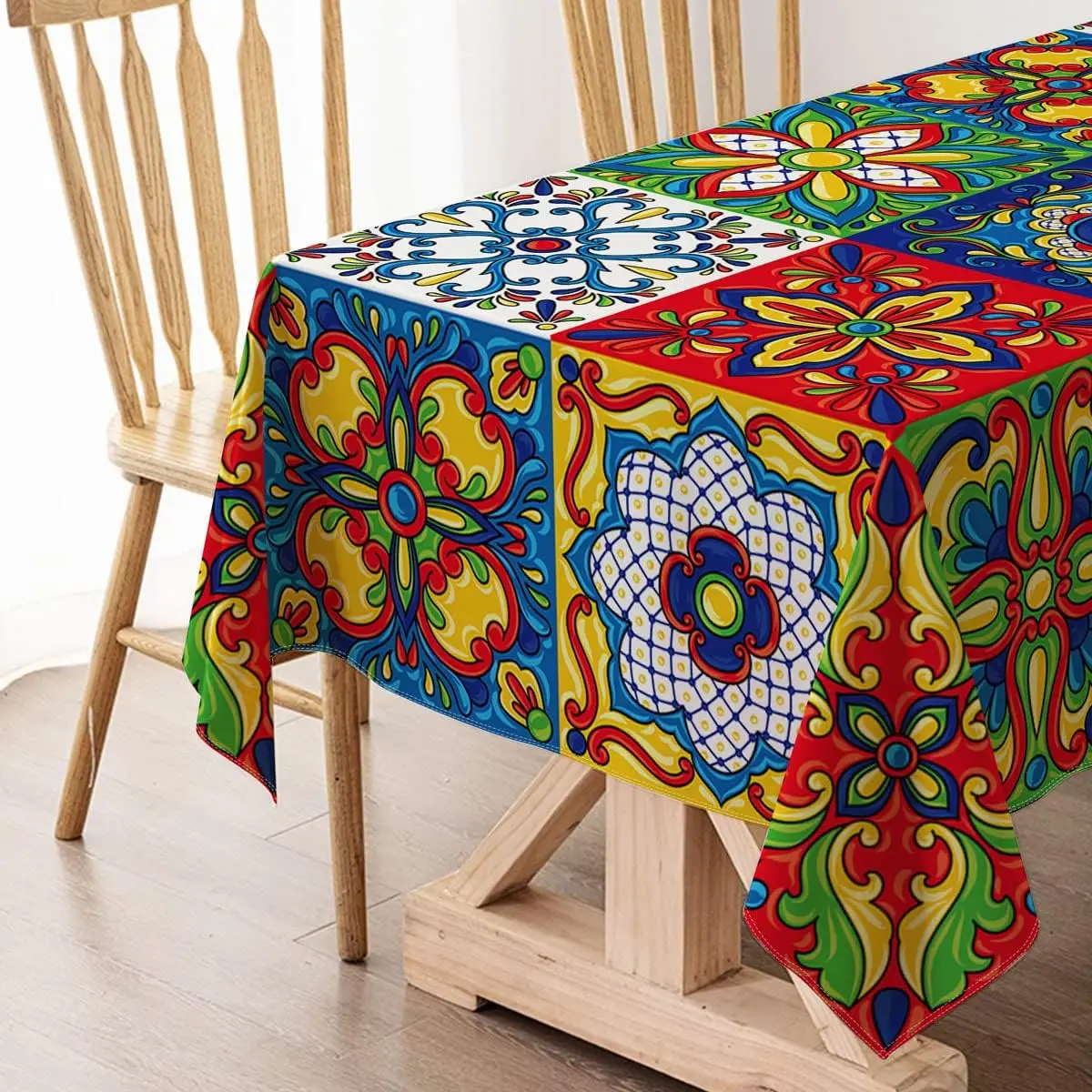 Mexican Talavera Ceramic Tile Rectangle Tablecloth Holiday Party Decorations Reusable Waterproof Tablecloth Kitchen Table Decor