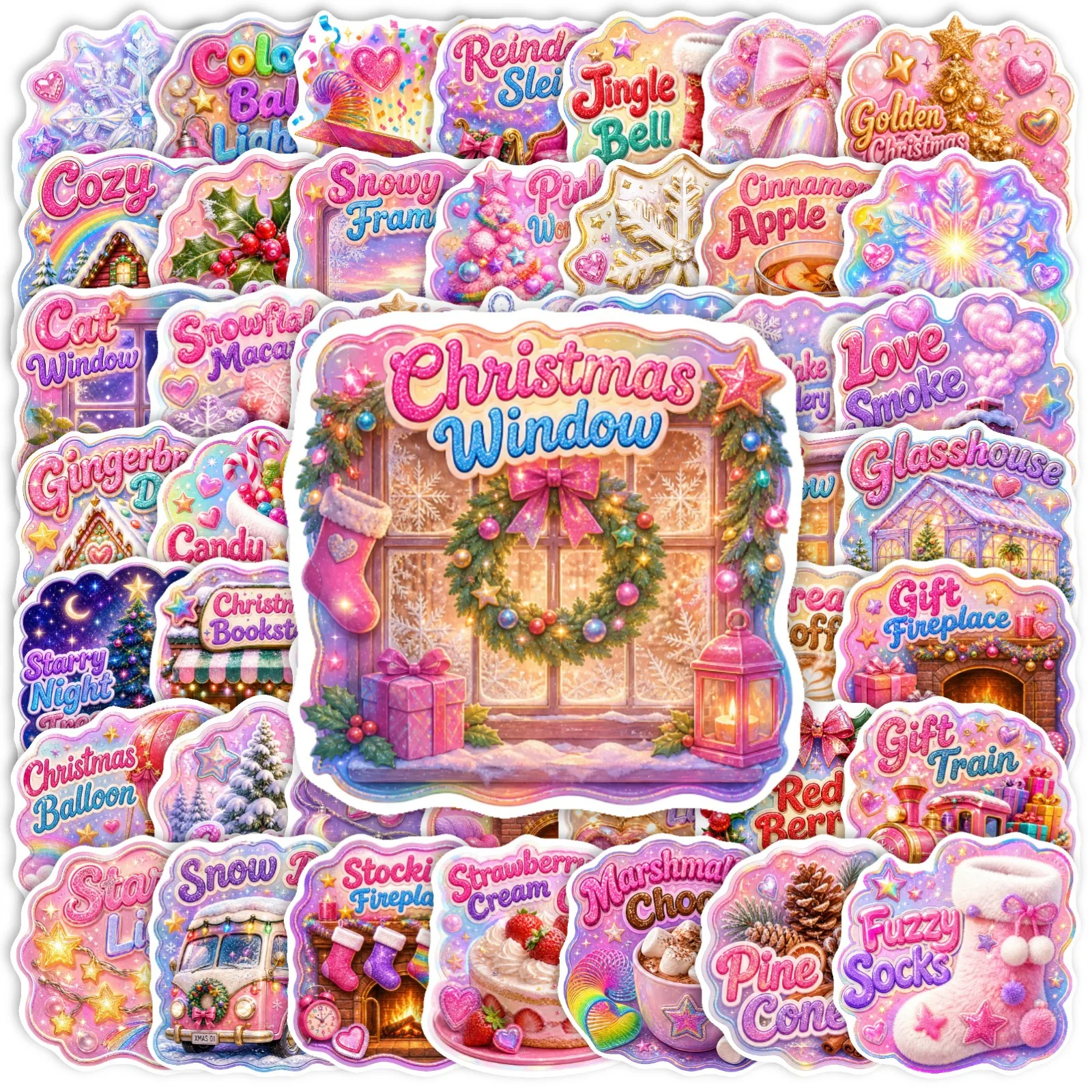 50 Pcs Christmas Stickers European Style Dreamy Glitter Pastel Colors Festive Holiday Gradual Decoration Elements