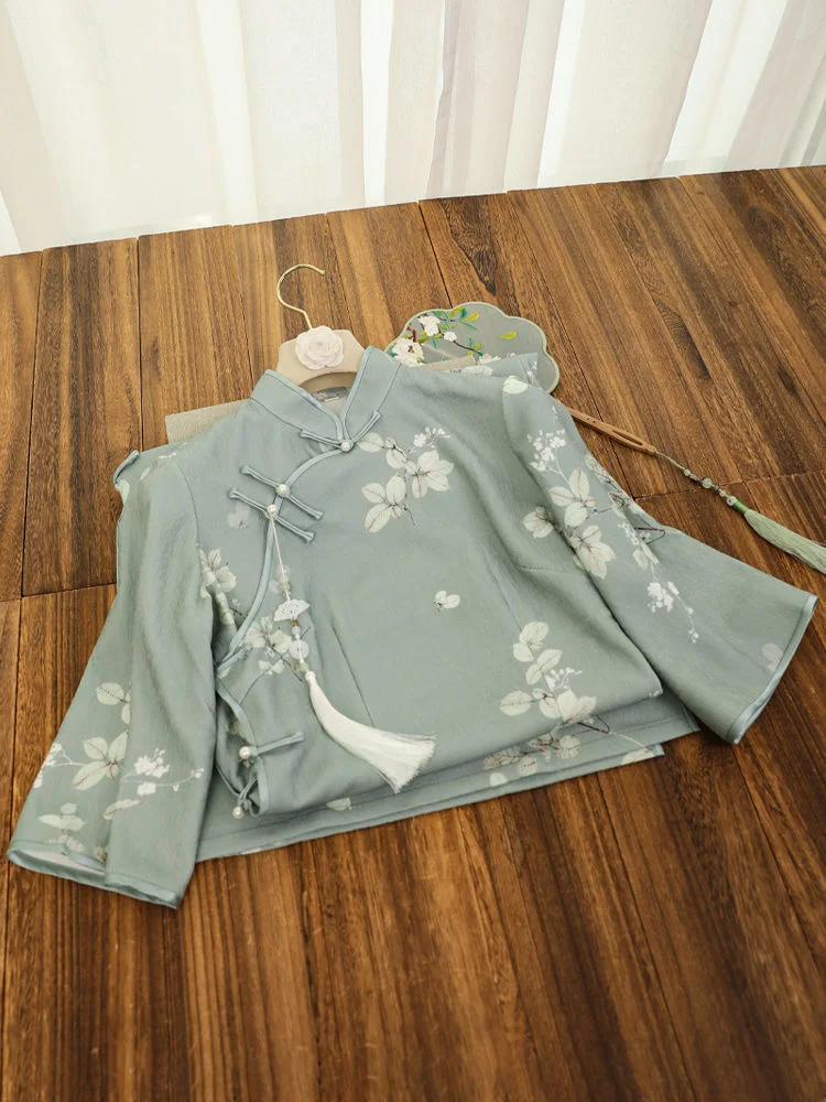 Inverted Sleeves Daily Green Flower Slim Qipao Women's Autumn Improved Modern Vintage Chinese-traditional-dress Cheongsam New