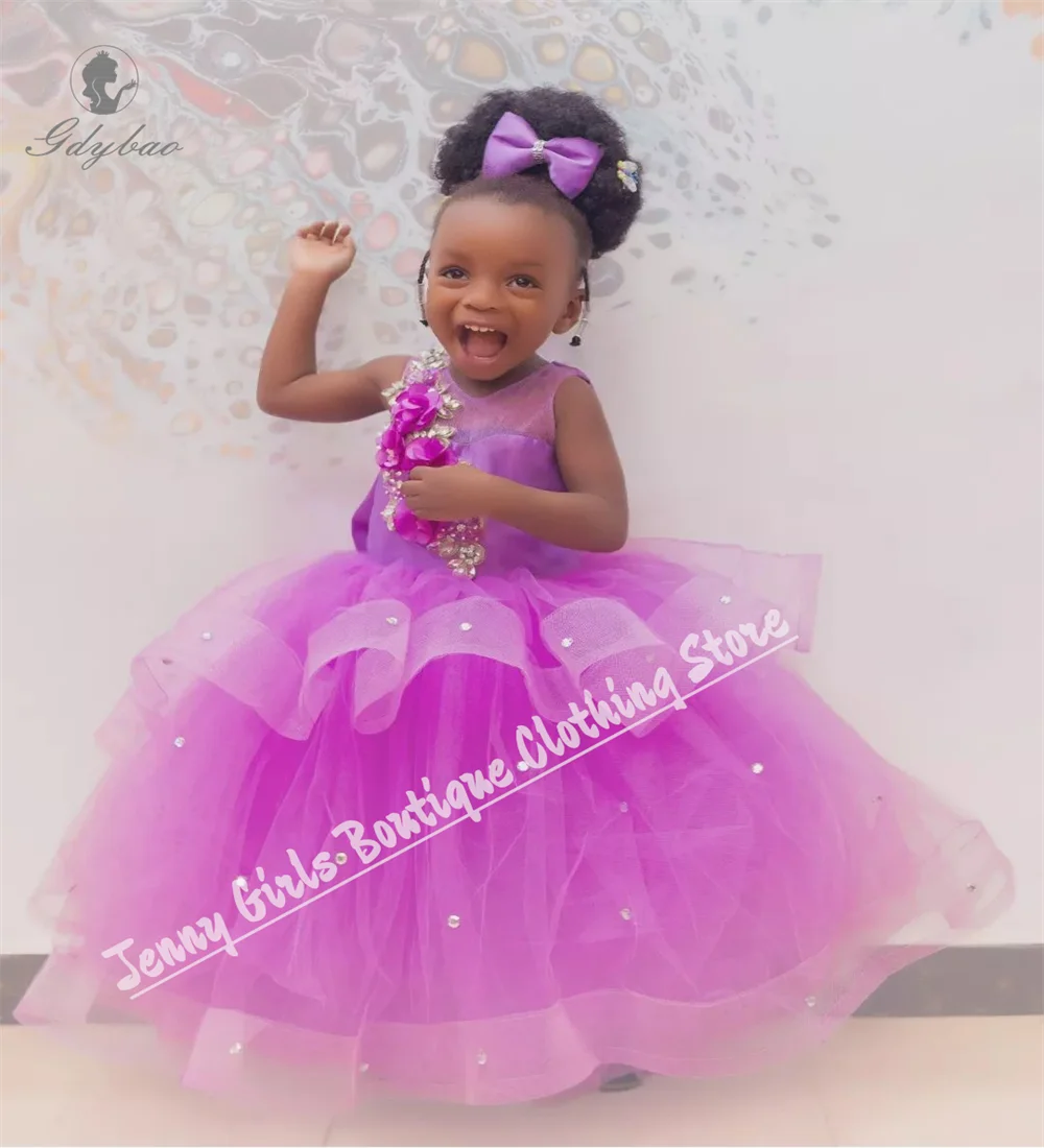 Lovely Lilacs Puffy Flower Girl Dresses 3D Decals Baby Party Kids Layers Princess Dress Cute First Communion  Official Events