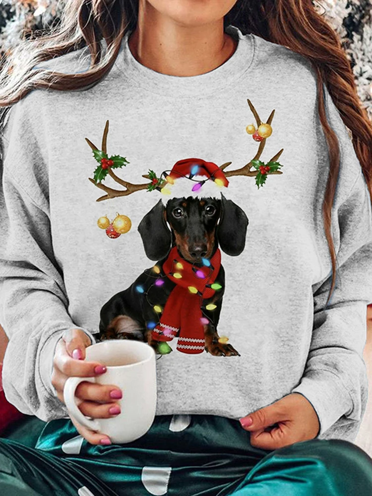 

Women's cute elk horns Christmas hat dachshund print sweatshirt women's fashion wool sweatshirt