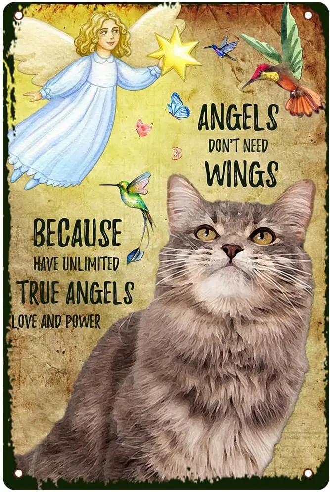 Plaque en métal vintage amusante, avec l'inscription « Angles Don't Need Wings », et le motif « Parce que les vrais aiment sans limites et possèdent une puissance » avec chat et papillon