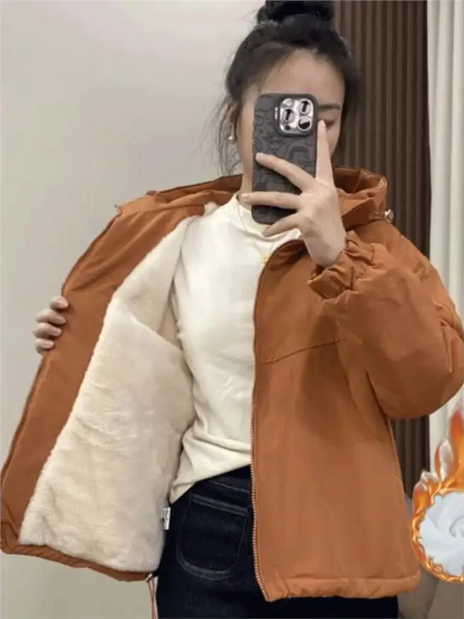 

Women's Short Fleece Lined Hooded Jacket Double Zipper Slimming Outerwear Korean Style Cleanfit Loose Fit Autumn Winter New A...