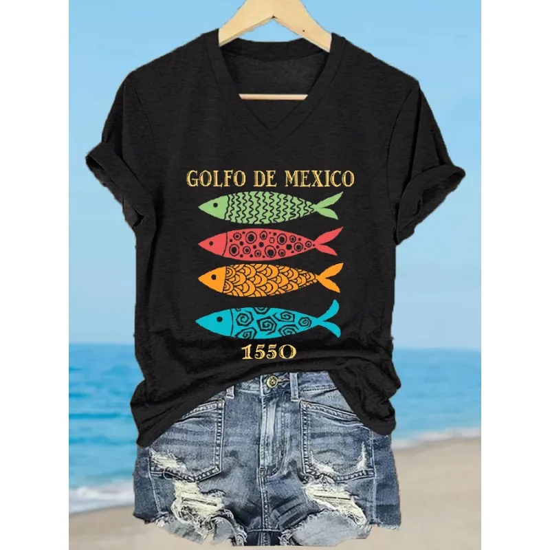 Women's Short Sleeve Gulf of Mexico Colorful Fish Print T-Shirts Summer Casual V Neck Tops Tees