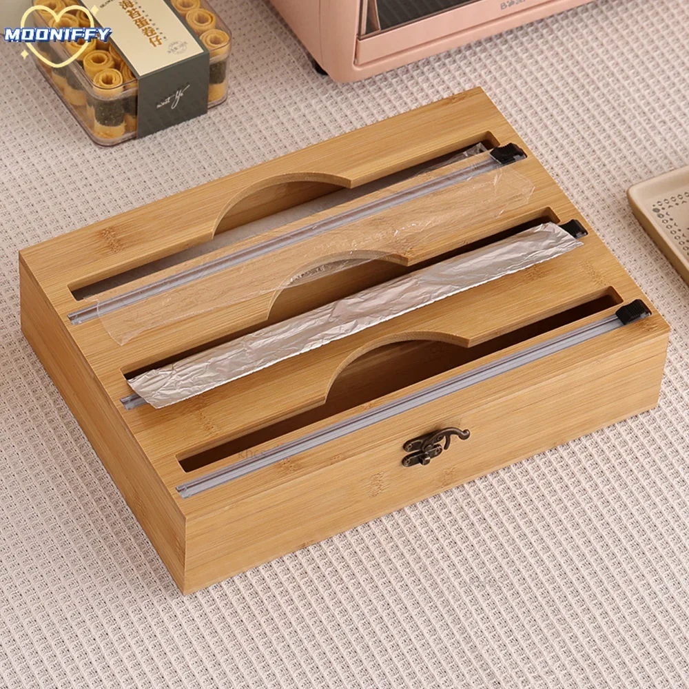 

New 3 In 1 Bamboo Wrap Dispenser Storage Dispenser For Aluminum Foil Dispenser With Cutter Cling Film Holder Kitchen Accessories